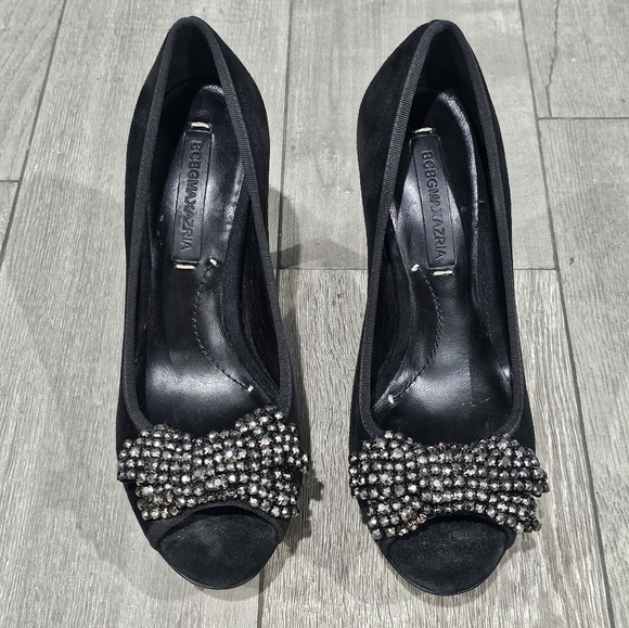 BCBG MAXAZRIA Black Suede Peep Toe Studded Bow Platform Pumps 6.5B - Picture 3 of 9
